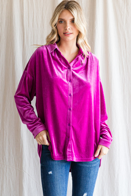 Velvet Button Down in Magenta