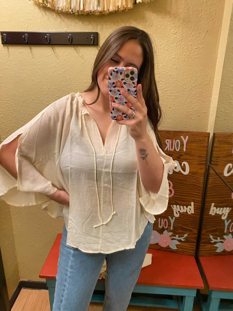 Sheer Floral Cape Tie Front Top