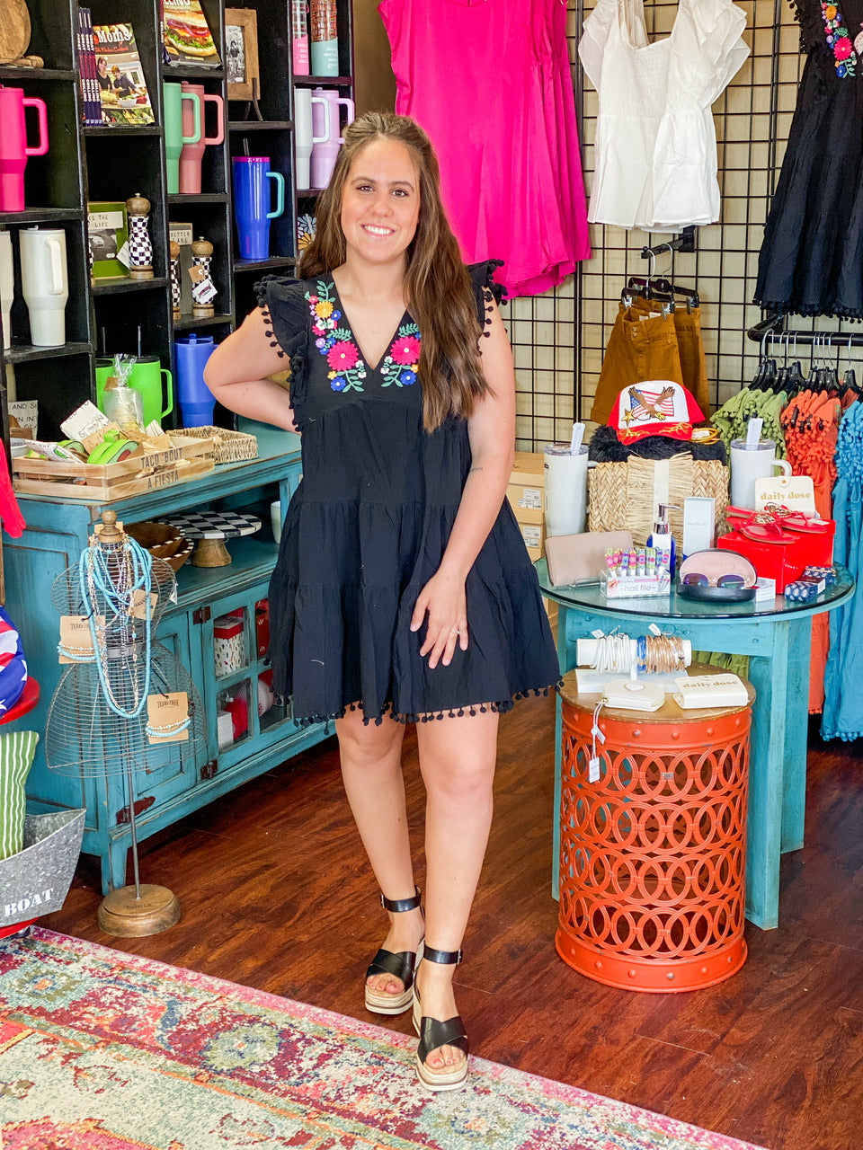 Embroidered Pom Pom Dress