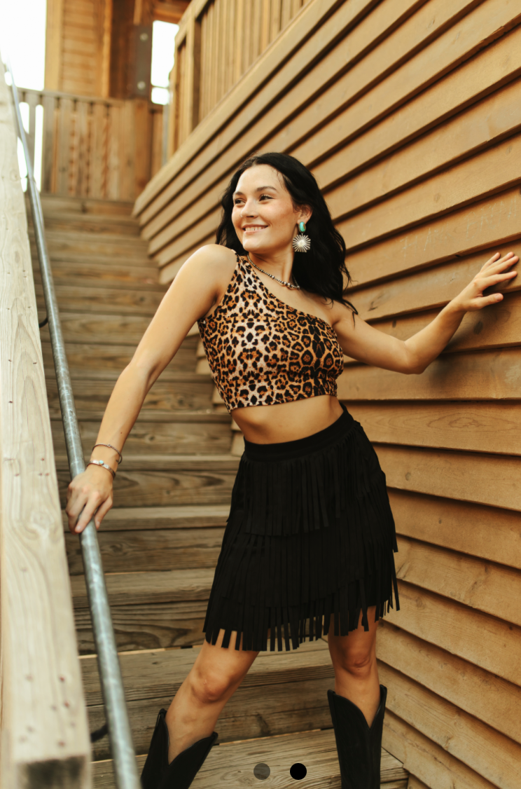 Black Suede Stretch Fringe Tier Skirt L & B
