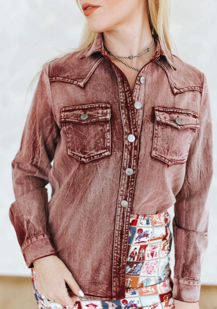 Washed Concho Button Down Western Tencel Shirt L & B