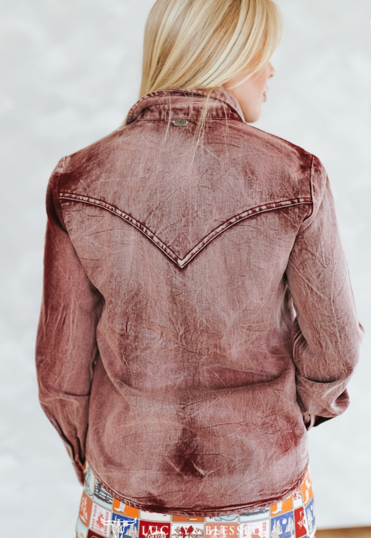 Washed Concho Button Down Western Tencel Shirt L & B
