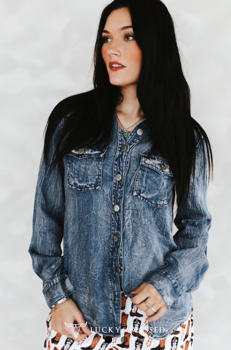 Washed Concho Button Down Western Tencel Shirt L & B