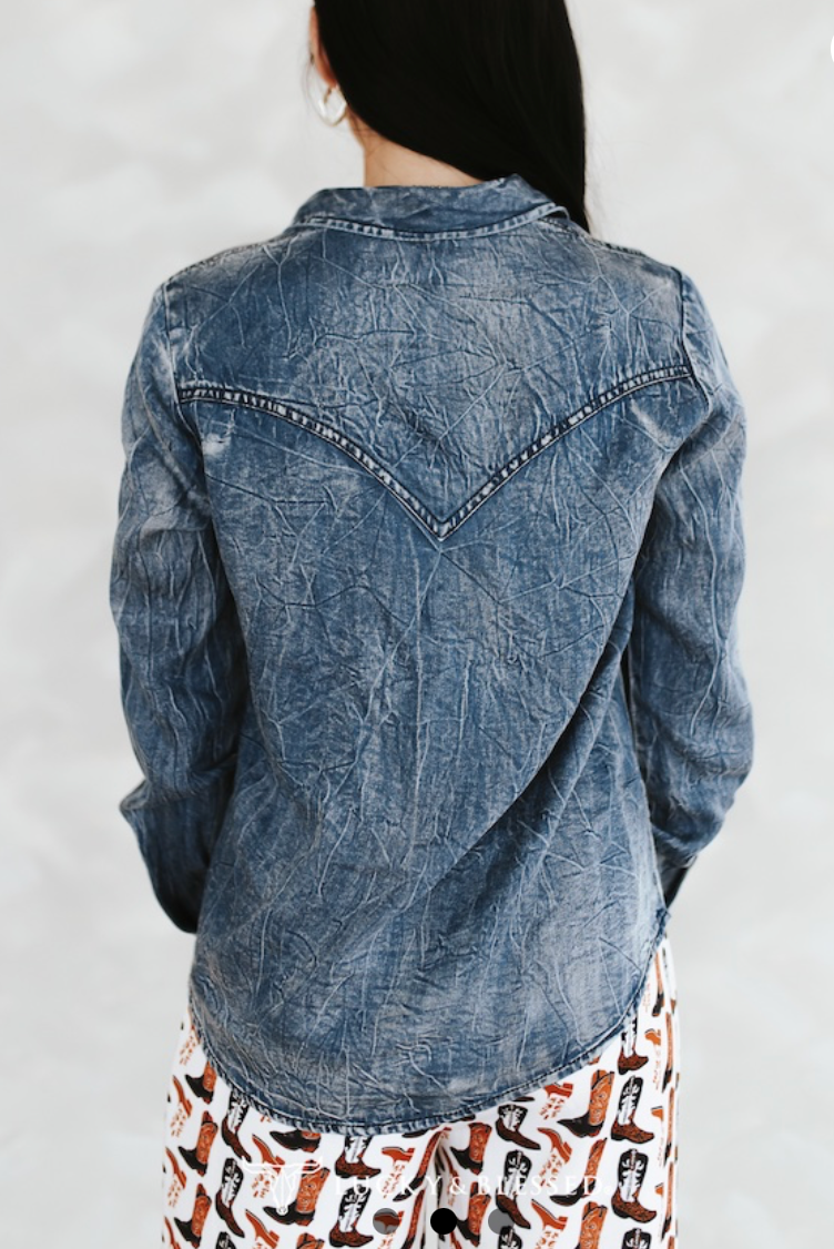 Washed Concho Button Down Western Tencel Shirt L & B