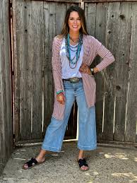 Mauve Striped Mid-Length Cardigan
