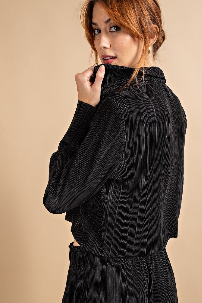 PLEATED SATIN BUTTON DOWN SHIRT TOP