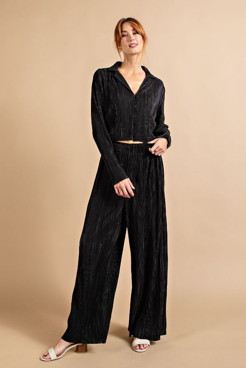 PLEATED SATIN BUTTON DOWN SHIRT TOP