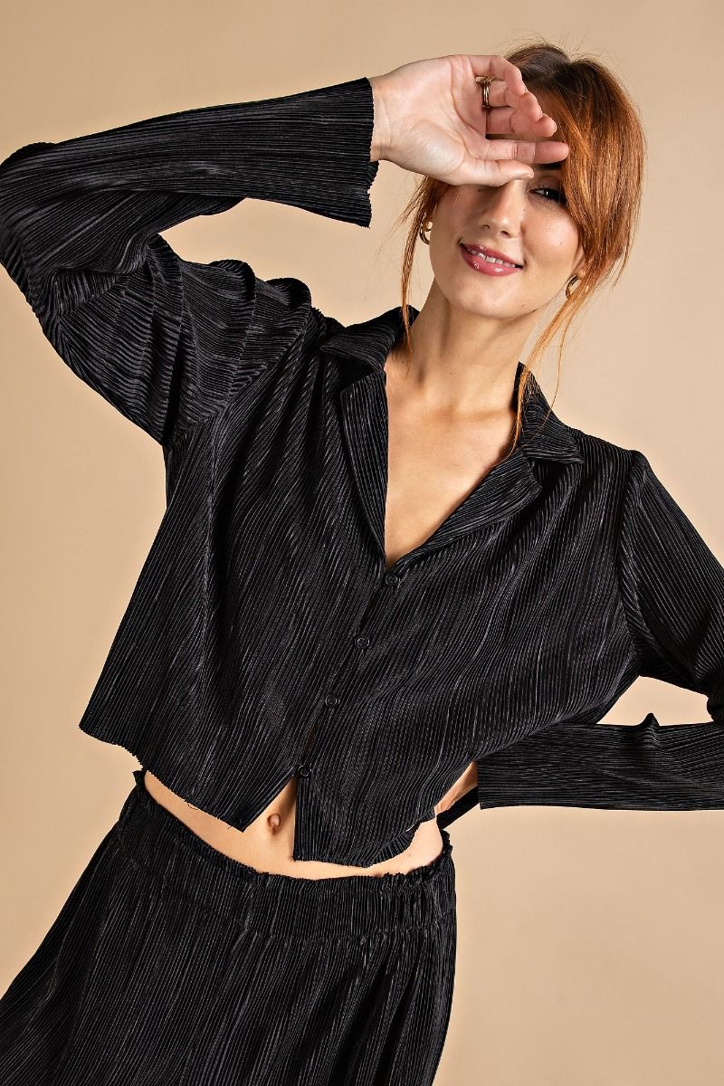 PLEATED SATIN BUTTON DOWN SHIRT TOP