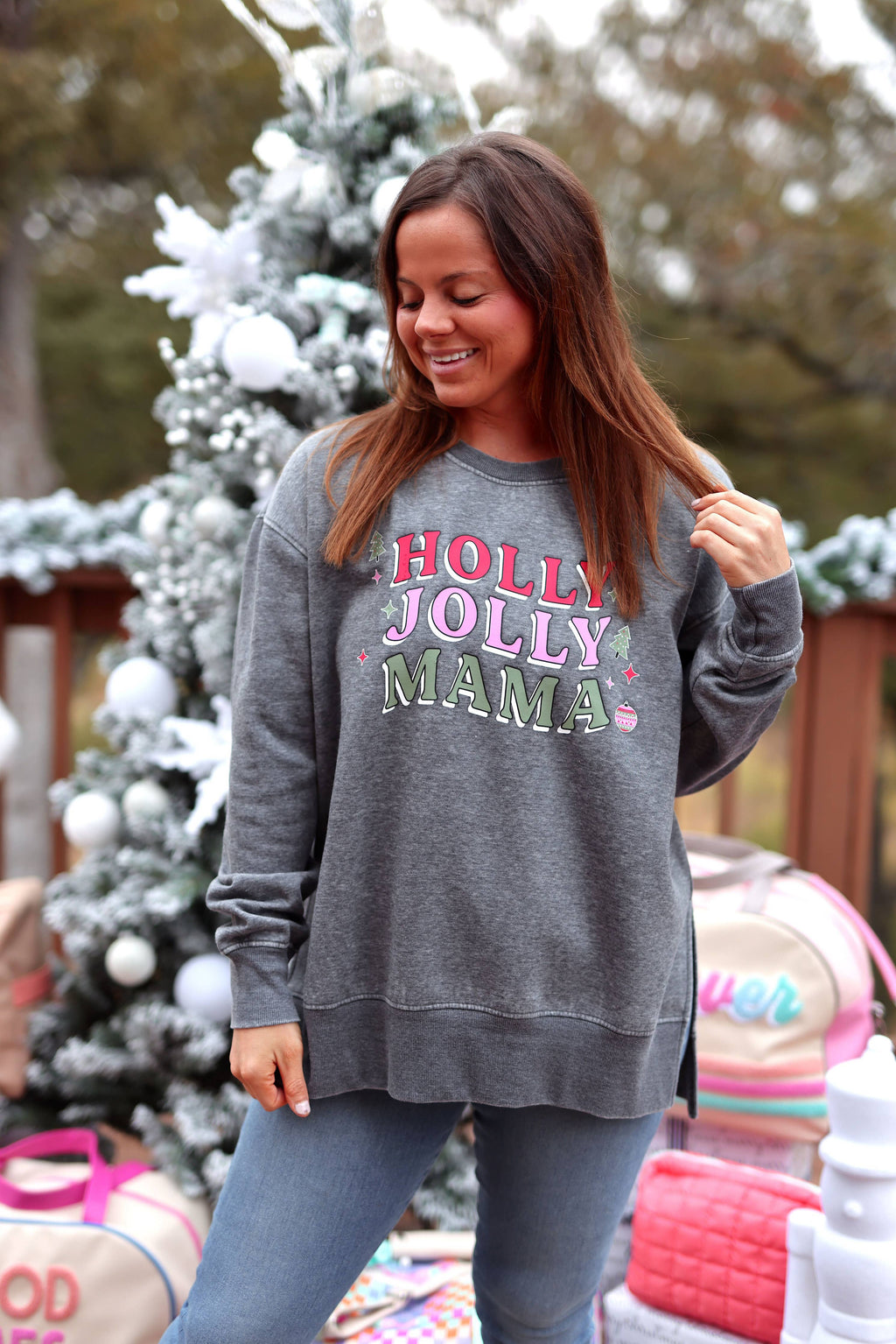 Burnout Sweatshirt - Holly Jolly Mama (Charcoal)